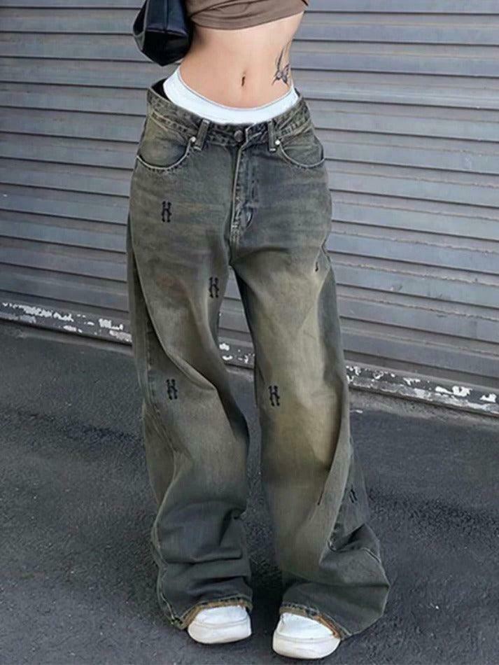 Y2K Aesthetic Hip Pop Low Waist Letter Print Boyfriend Jeans Y2K Aesthetic Hip Pop Low Waist Letter Print Boyfriend Jeans