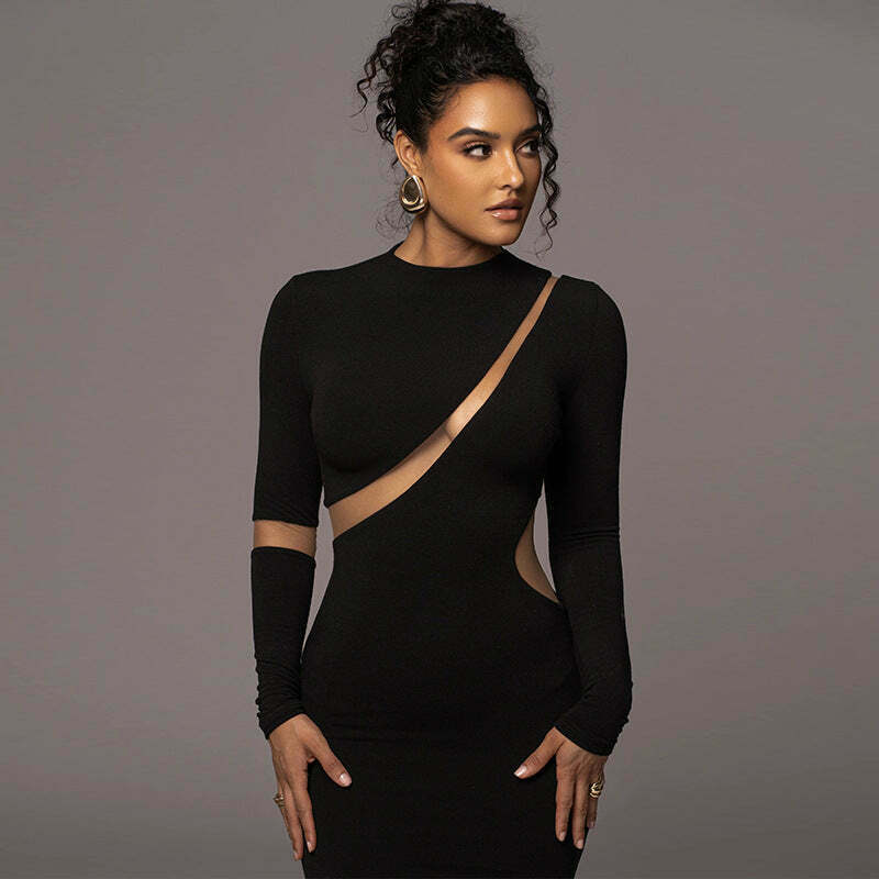 Y2K Aesthetic Hollow Back Slit Long Sleeve Dress for Women - Coquette Style Grunge Fashion Y2K Aesthetic Hollow Back Slit Long Sleeve Dress for Women - Coquette Style Grunge Fashion