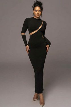 Y2K Aesthetic Hollow Back Slit Long Sleeve Dress for Women - Coquette Style Grunge Fashion
