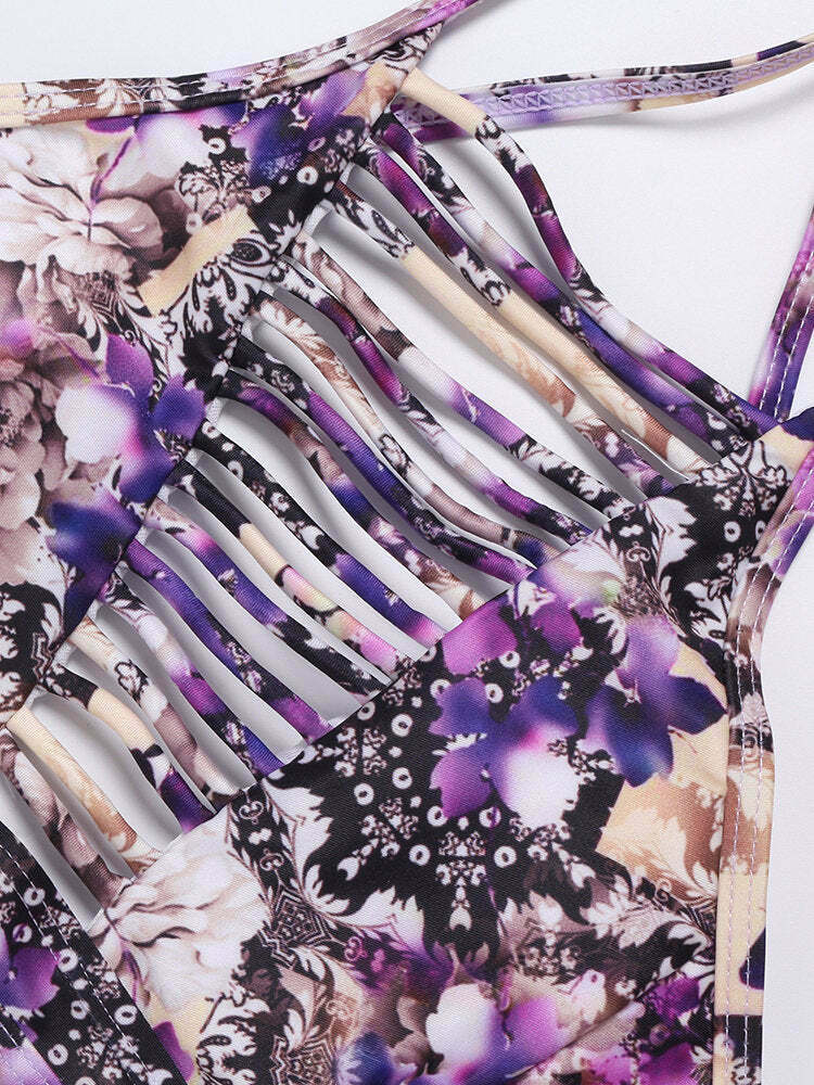 Y2K Aesthetic Hollow Printed Criss Cross Back Bikini Sets - Women's Fashion Swimwear Y2K Aesthetic Hollow Printed Criss Cross Back Bikini Sets - Women's Fashion Swimwear