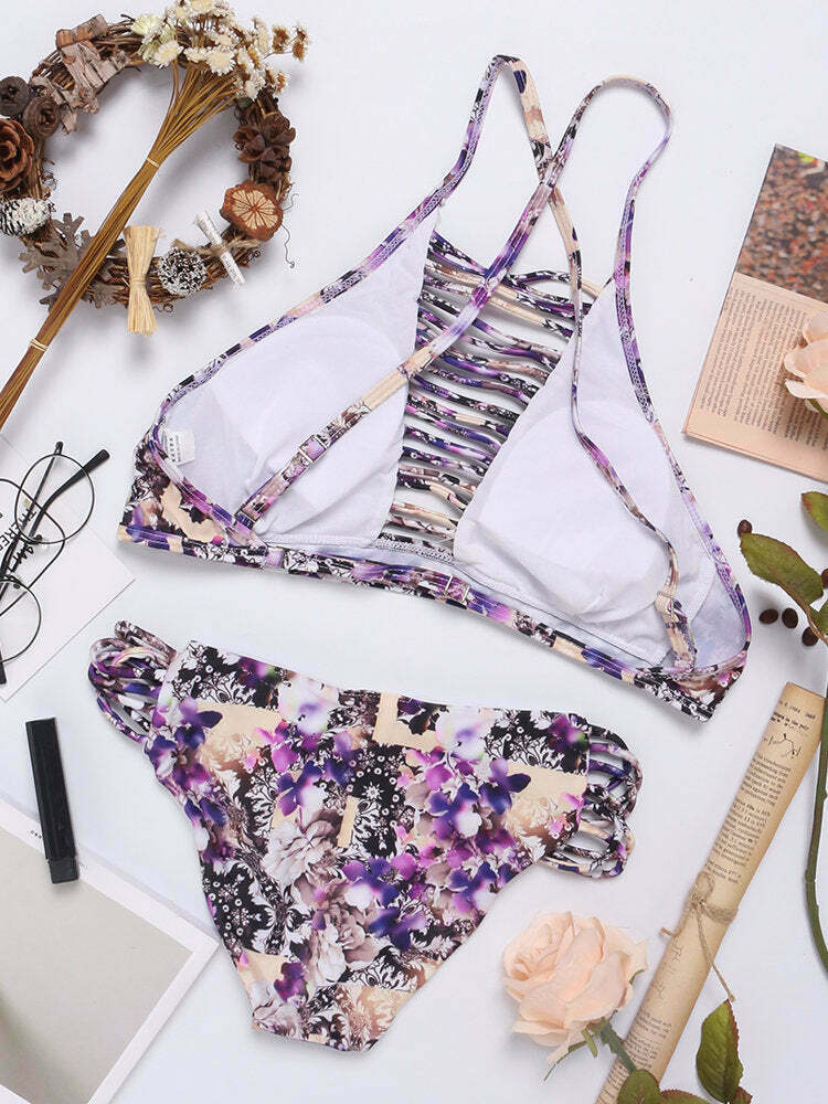 Y2K Aesthetic Hollow Printed Criss Cross Back Bikini Sets - Women's Fashion Swimwear Y2K Aesthetic Hollow Printed Criss Cross Back Bikini Sets - Women's Fashion Swimwear