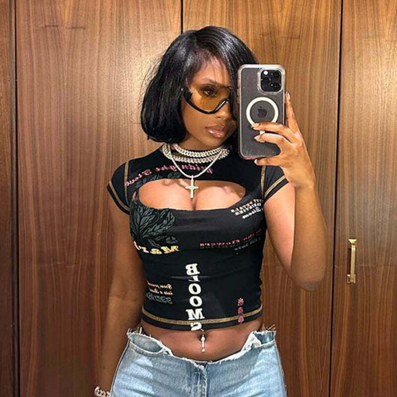 Y2K Aesthetic Hollow Short-Sleeved T-Shirt for Women - Coquette, Grunge, and Pastel Goth Fashion Y2K Aesthetic Hollow Short-Sleeved T-Shirt for Women - Coquette, Grunge, and Pastel Goth Fashion