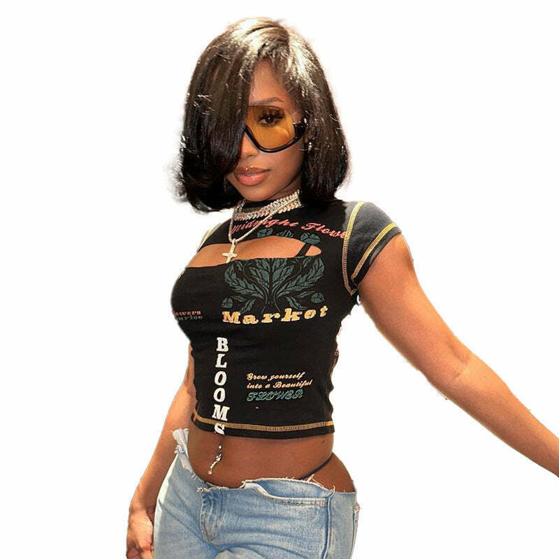 Y2K Aesthetic Hollow Short-Sleeved T-Shirt for Women - Coquette, Grunge, and Pastel Goth Fashion Y2K Aesthetic Hollow Short-Sleeved T-Shirt for Women - Coquette, Grunge, and Pastel Goth Fashion