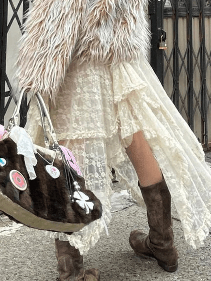 Y2K Aesthetic Irregular Lace Ruffle Skirt for Women - Coquette & Grunge Style Fashion