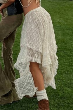 Y2K Aesthetic Irregular Lace Ruffle Skirt for Women - Coquette & Grunge Style Fashion