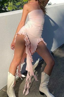 Y2K Aesthetic Irregular Ruffle Bandeau Maxi Dress for Women - Coquette Style Grunge Fashion