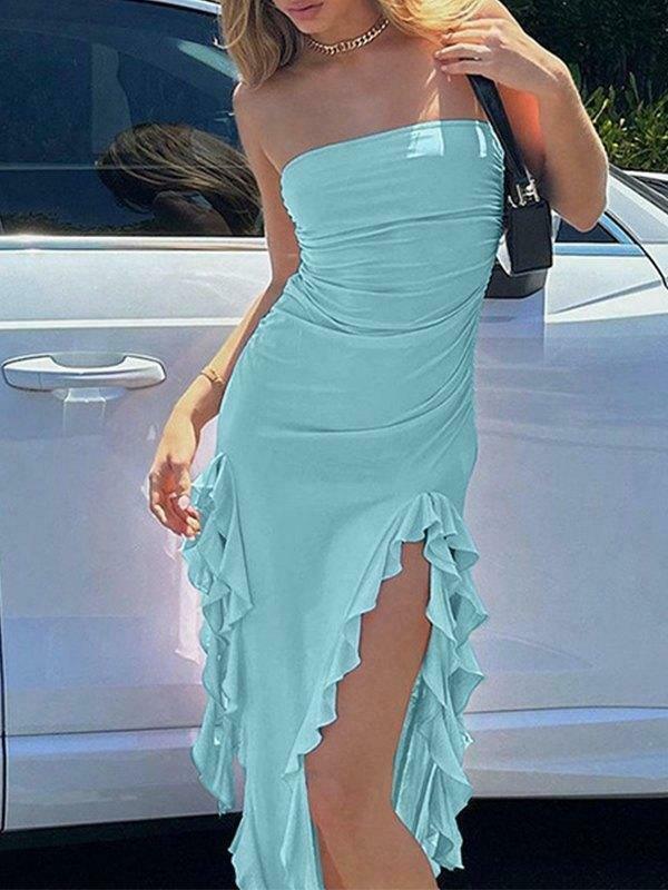 Y2K Aesthetic Irregular Ruffle Bandeau Maxi Dress for Women - Coquette Style Grunge Fashion Y2K Aesthetic Irregular Ruffle Bandeau Maxi Dress for Women - Coquette Style Grunge Fashion