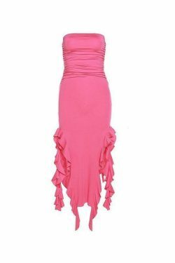 Y2K Aesthetic Irregular Ruffle Bandeau Maxi Dress for Women - Coquette Style Grunge Fashion