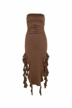 Y2K Aesthetic Irregular Ruffle Bandeau Maxi Dress for Women - Coquette Style Grunge Fashion