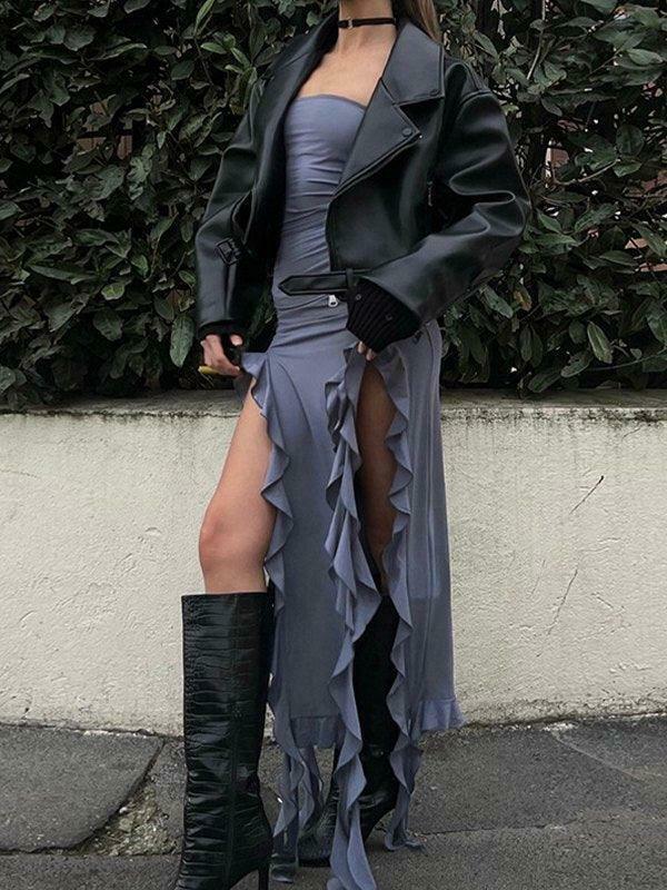 Y2K Aesthetic Irregular Ruffle Bandeau Maxi Dress for Women - Coquette Style Grunge Fashion Y2K Aesthetic Irregular Ruffle Bandeau Maxi Dress for Women - Coquette Style Grunge Fashion