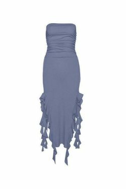 Y2K Aesthetic Irregular Ruffle Bandeau Maxi Dress for Women - Coquette Style Grunge Fashion