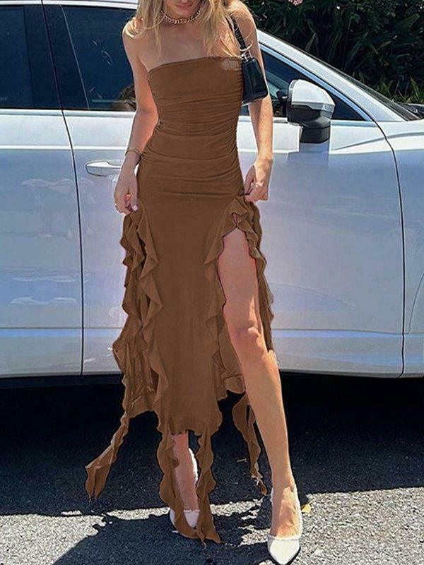 Y2K Aesthetic Irregular Ruffle Bandeau Maxi Dress for Women - Coquette Style Grunge Fashion Y2K Aesthetic Irregular Ruffle Bandeau Maxi Dress for Women - Coquette Style Grunge Fashion