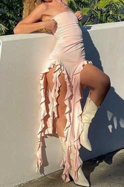 Y2K Aesthetic Irregular Ruffle Bandeau Maxi Dress for Women - Coquette Style Grunge Fashion