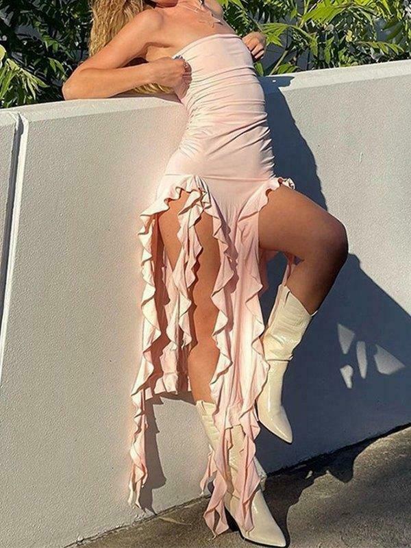 Y2K Aesthetic Irregular Ruffle Bandeau Maxi Dress for Women - Coquette Style Grunge Fashion Y2K Aesthetic Irregular Ruffle Bandeau Maxi Dress for Women - Coquette Style Grunge Fashion