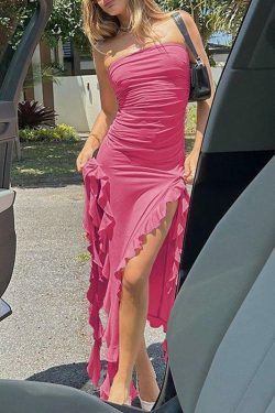 Y2K Aesthetic Irregular Ruffle Bandeau Maxi Dress for Women - Coquette Style Grunge Fashion