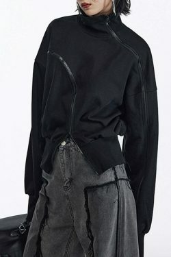 Y2K Aesthetic Irregular Zipper Placket Short Sweatshirt for Women - Coquette Grunge Fashion