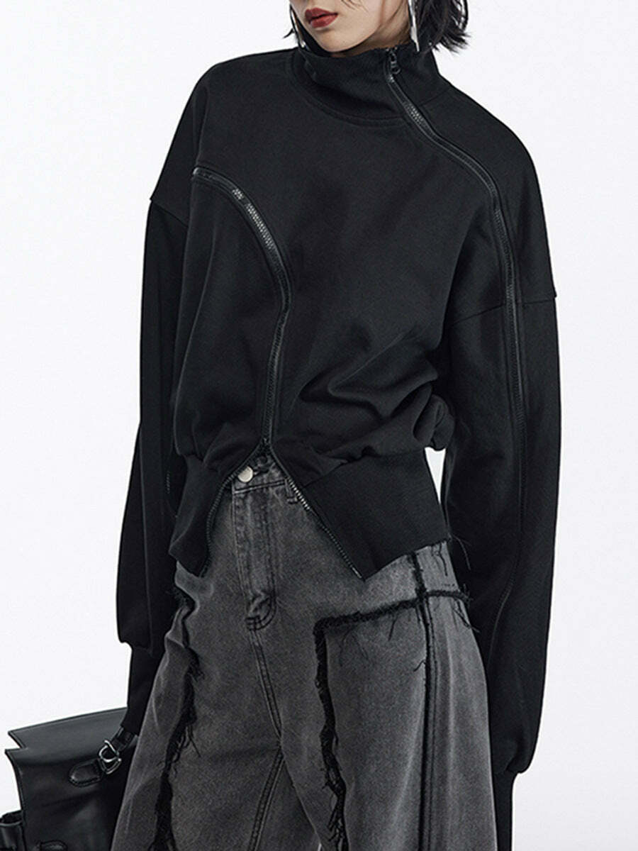 Y2K Aesthetic Irregular Zipper Placket Short Sweatshirt for Women - Coquette Grunge Fashion