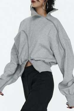 Y2K Aesthetic Irregular Zipper Placket Short Sweatshirt for Women - Coquette Grunge Fashion