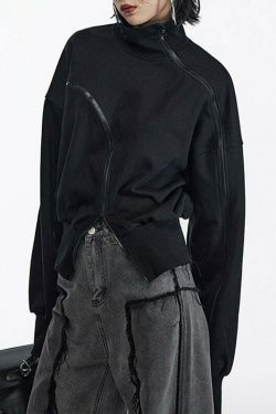 Y2K Aesthetic Irregular Zipper Placket Short Sweatshirt for Women - Coquette Grunge Fashion