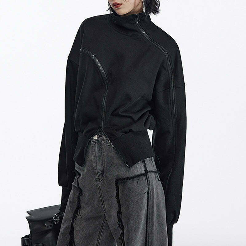 Y2K Aesthetic Irregular Zipper Placket Short Sweatshirt for Women - Coquette Grunge Fashion