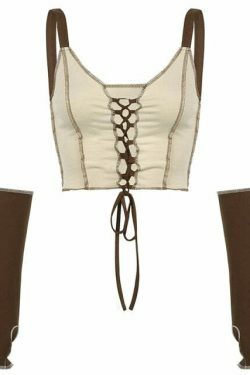 Y2K Aesthetic Khaki Crop Top with Separate Sleeves & Front Lace