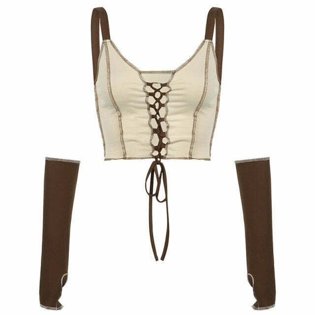 Y2K Aesthetic Khaki Crop Top with Separate Sleeves & Front Lace Y2K Aesthetic Khaki Crop Top with Separate Sleeves & Front Lace