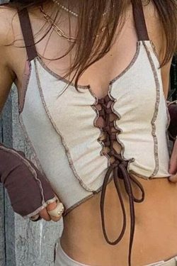 Y2K Aesthetic Khaki Crop Top with Separate Sleeves & Front Lace