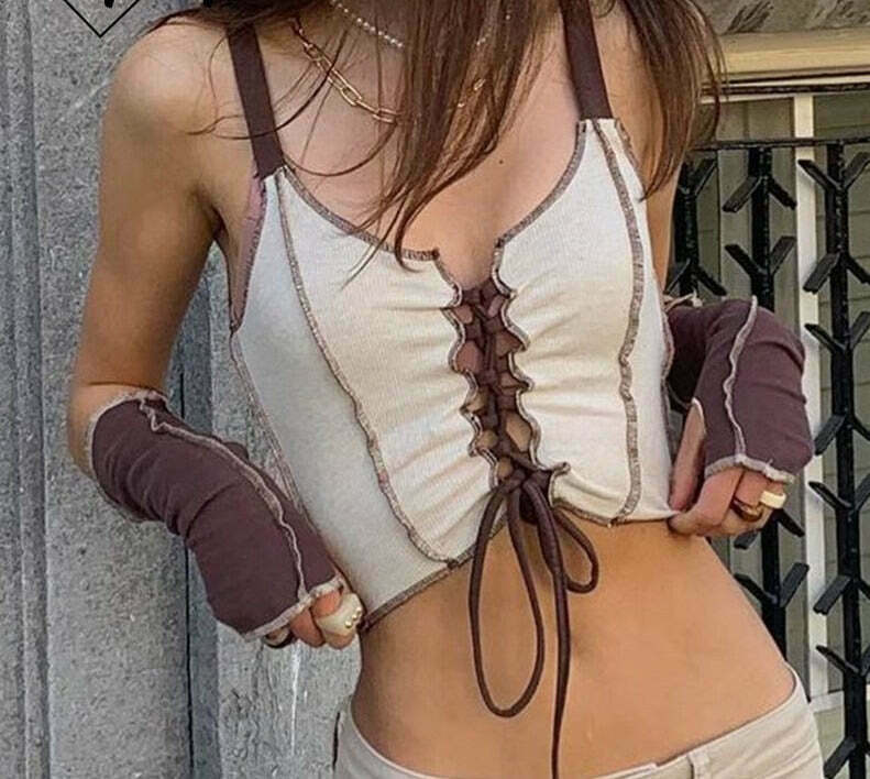 Y2K Aesthetic Khaki Crop Top with Separate Sleeves & Front Lace Y2K Aesthetic Khaki Crop Top with Separate Sleeves & Front Lace