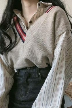 Y2K Aesthetic Knit Beige Vest: Striped Casual Vintage Shirt for Women