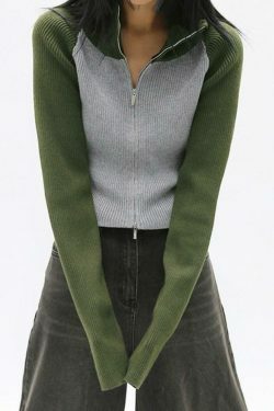 Y2K Aesthetic Knit Contrast Color High Neck Cardigan
