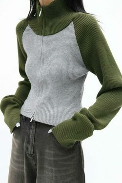 Y2K Aesthetic Knit Contrast Color High Neck Cardigan
