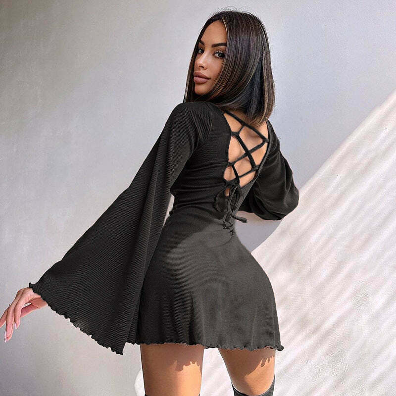 Y2K Aesthetic Knitted Trumpet Dress - Coquette Style Long Sleeve Slim Fit Outfit Y2K Aesthetic Knitted Trumpet Dress - Coquette Style Long Sleeve Slim Fit Outfit