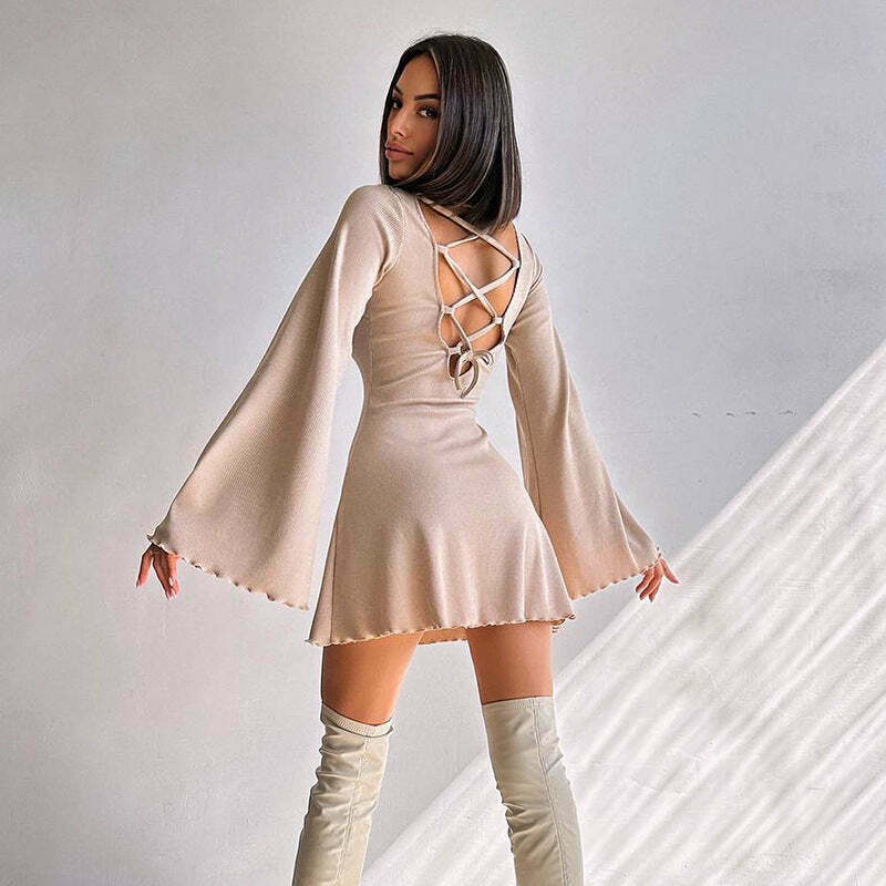 Y2K Aesthetic Knitted Trumpet Dress - Coquette Style Long Sleeve Slim Fit Outfit Y2K Aesthetic Knitted Trumpet Dress - Coquette Style Long Sleeve Slim Fit Outfit