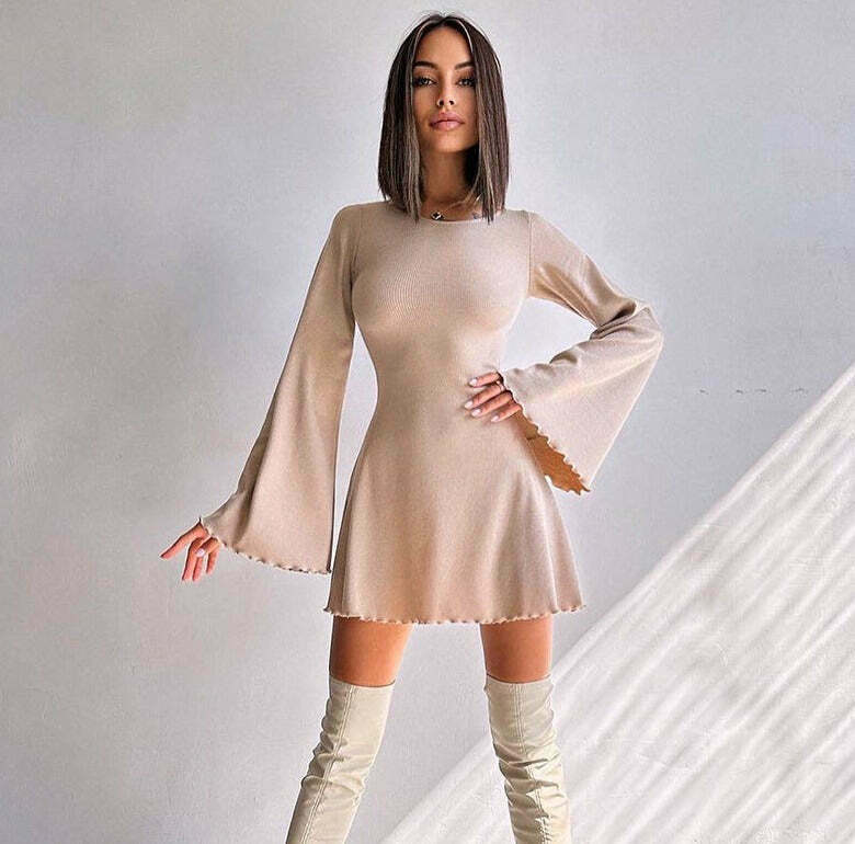 Y2K Aesthetic Knitted Trumpet Dress - Coquette Style Long Sleeve Slim Fit Outfit Y2K Aesthetic Knitted Trumpet Dress - Coquette Style Long Sleeve Slim Fit Outfit