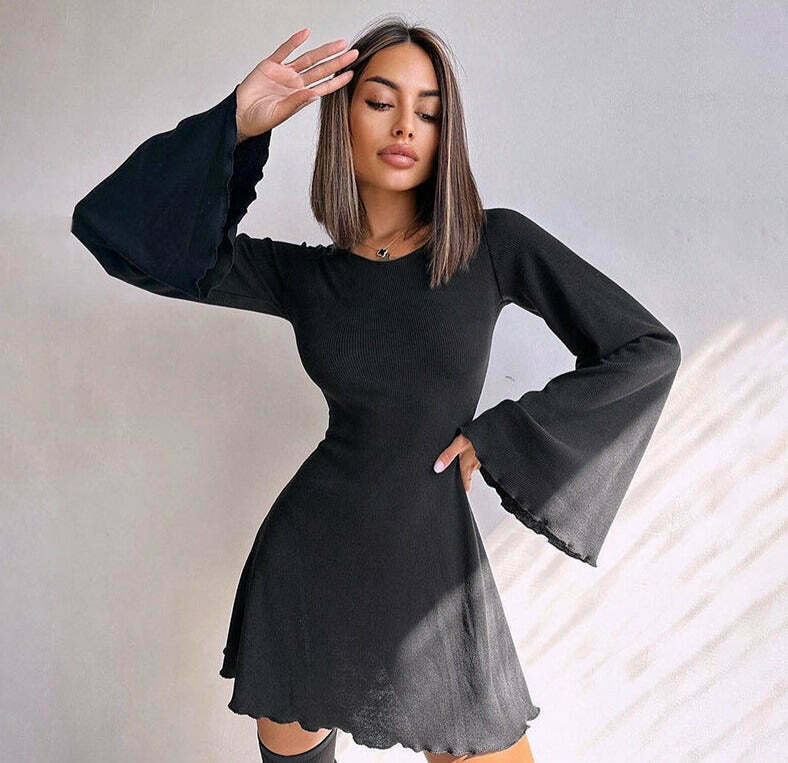 Y2K Aesthetic Knitted Trumpet Dress - Coquette Style Long Sleeve Slim Fit Outfit Y2K Aesthetic Knitted Trumpet Dress - Coquette Style Long Sleeve Slim Fit Outfit