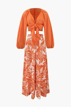 Y2K Aesthetic Knot Front Blouse with Leaves Print Wide Leg Pants Set