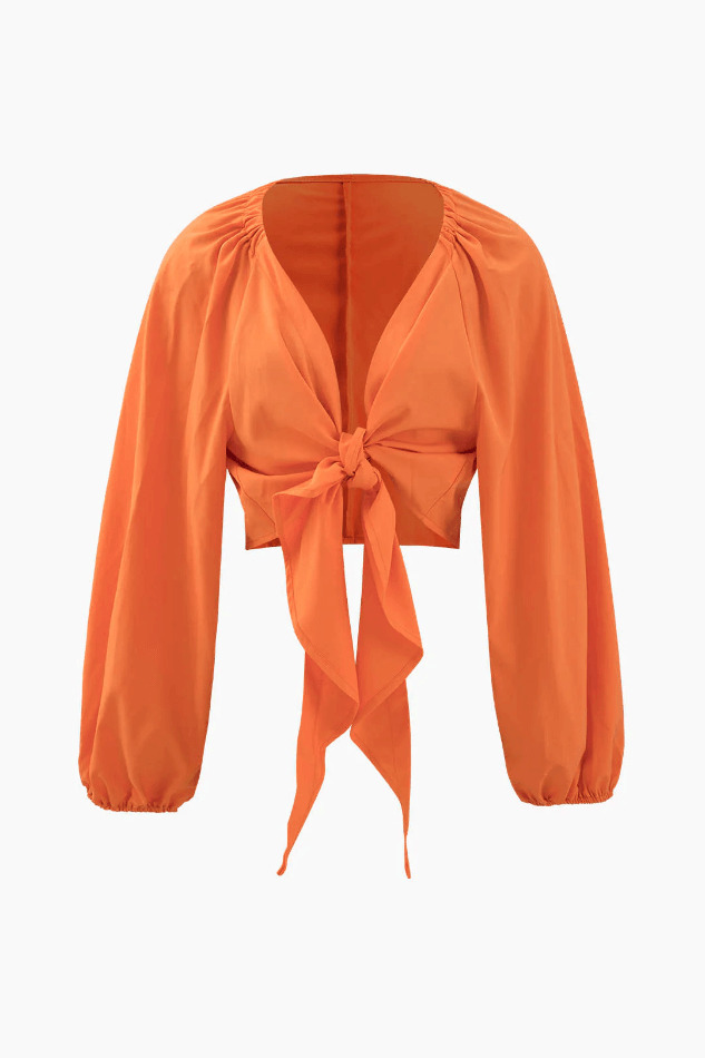 Y2K Aesthetic Knot Front Blouse with Leaves Print Wide Leg Pants Set