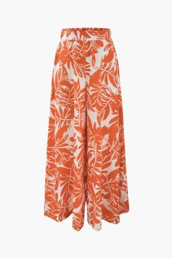 Y2K Aesthetic Knot Front Blouse with Leaves Print Wide Leg Pants Set