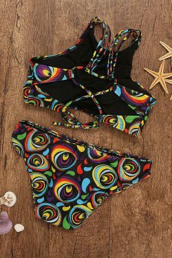 Y2K Aesthetic Lace-Up High Neck Bikini Swimsuit in Colorful Print