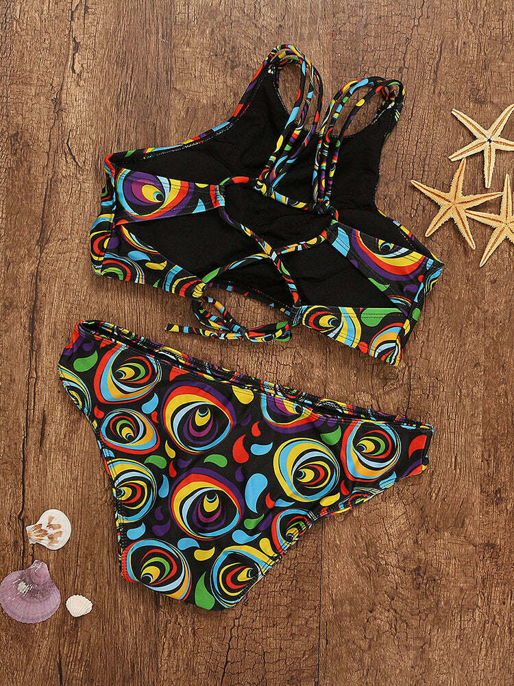 Y2K Aesthetic Lace-Up High Neck Bikini Swimsuit in Colorful Print Y2K Aesthetic Lace-Up High Neck Bikini Swimsuit in Colorful Print