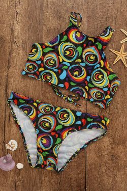 Y2K Aesthetic Lace-Up High Neck Bikini Swimsuit in Colorful Print