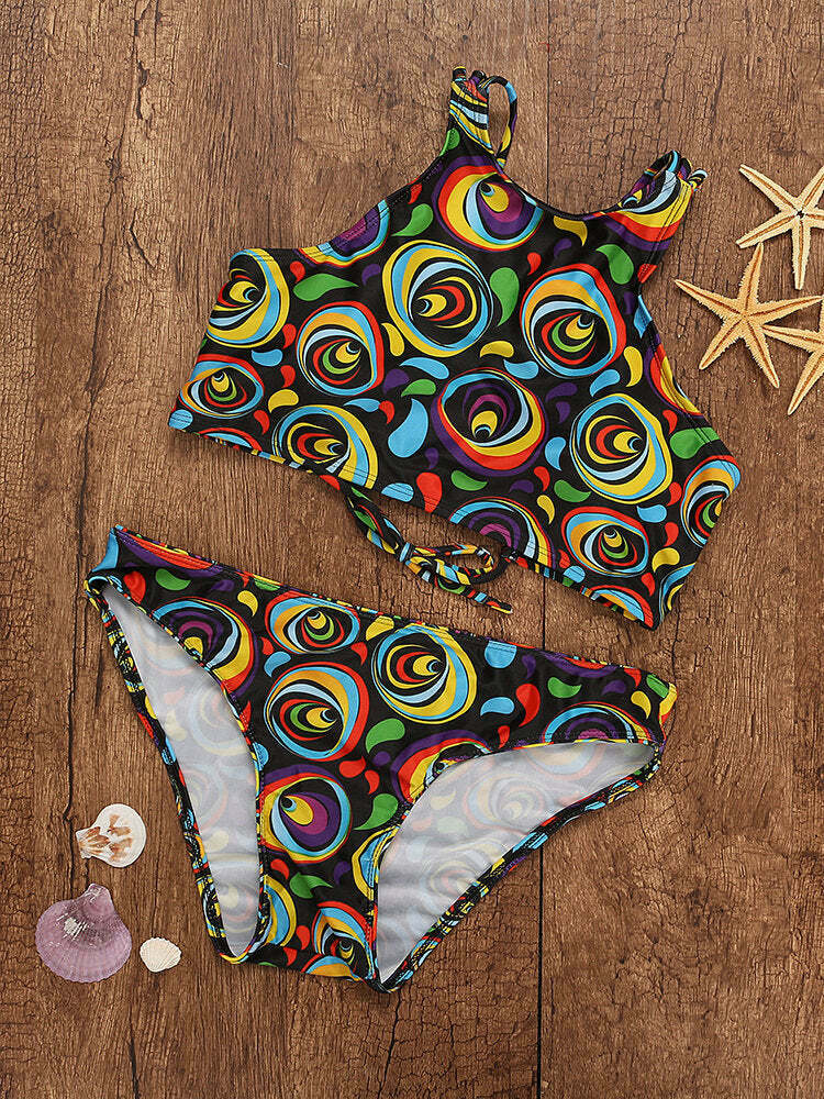 Y2K Aesthetic Lace-Up High Neck Bikini Swimsuit in Colorful Print Y2K Aesthetic Lace-Up High Neck Bikini Swimsuit in Colorful Print