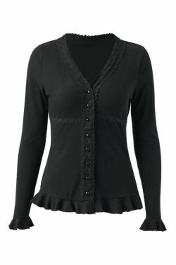 Y2K Aesthetic Lace Panel Knit Top with Front Buttons - Coquette & Grunge Style