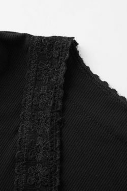 Y2K Aesthetic Lace Panel Knit Top with Front Buttons - Coquette & Grunge Style