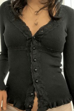 Y2K Aesthetic Lace Panel Knit Top with Front Buttons - Coquette & Grunge Style
