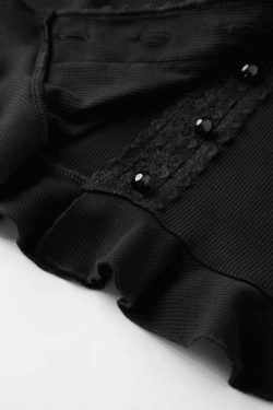 Y2K Aesthetic Lace Panel Knit Top with Front Buttons - Coquette & Grunge Style