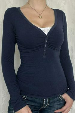 Y2K Aesthetic Lace Splice Ruched Breasted Long Sleeve Tee for Women - Coquette Grunge Fashion