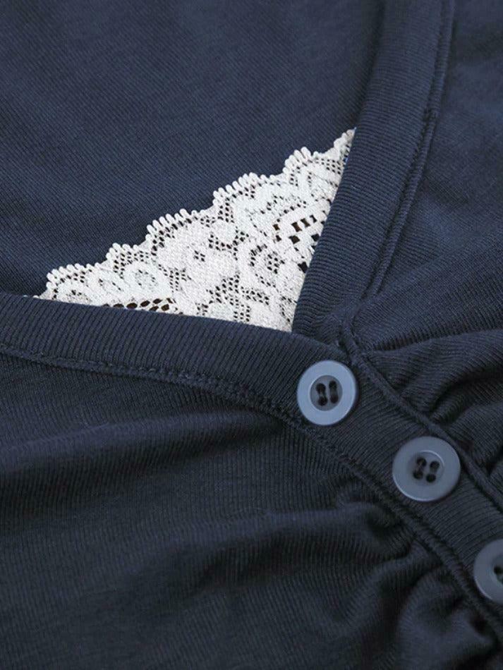 Y2K Aesthetic Lace Splice Ruched Breasted Long Sleeve Tee for Women - Coquette Grunge Fashion Y2K Aesthetic Lace Splice Ruched Breasted Long Sleeve Tee for Women - Coquette Grunge Fashion