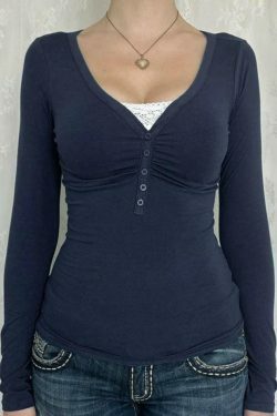 Y2K Aesthetic Lace Splice Ruched Breasted Long Sleeve Tee for Women - Coquette Grunge Fashion