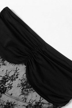 Y2K Aesthetic Lace Splice Shirred Smock Long Sleeve Tee - Coquette & Grunge Style